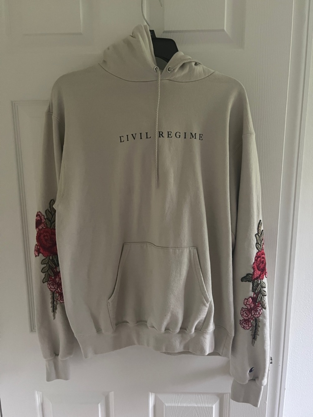 Civil Regime Cream Hoodie with Floral Sleeve Embroidery